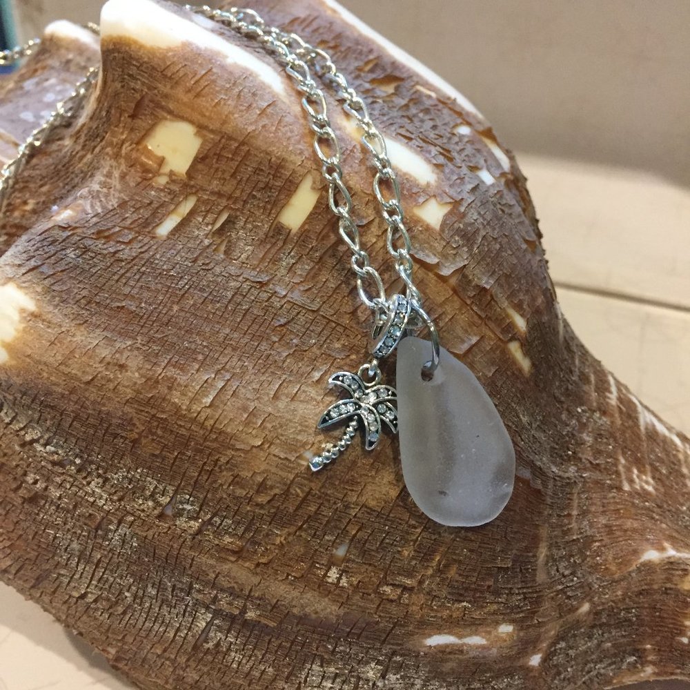 Crystal White Sea Glass Pendant w/ Palm Tree Charm
